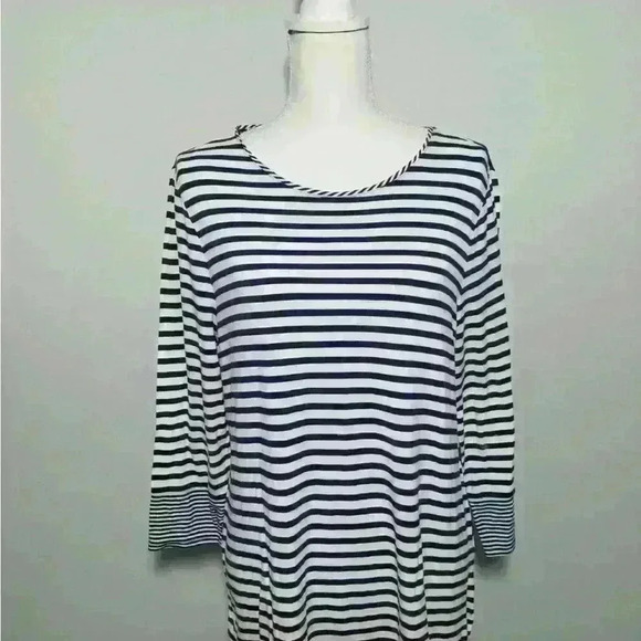 Chicos Size 1 Top Women's Navy & White Multi Striped 3/4 Sleeve Shirt Hi-Low Hem - Picture 1 of 5